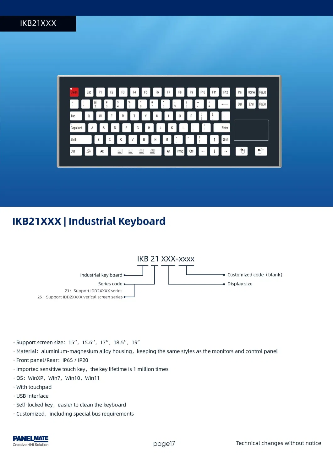 19" Industrial Keyboard with Touchpad Self-Lock Key IP65 Waterproof & Dustproof Industrial Membrane Keyboards